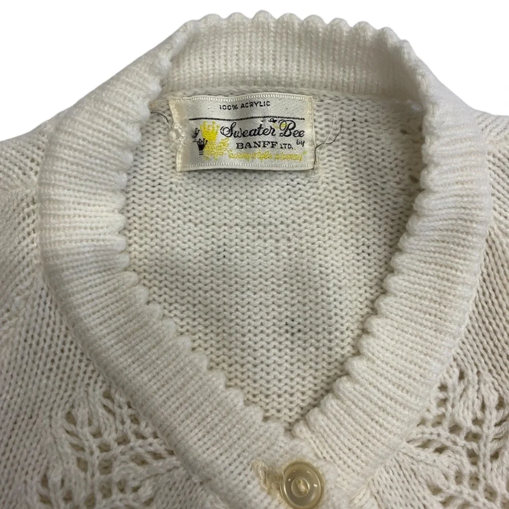 Vintage Sweater Bee‎ Cream Knit Cape Shall Poncho Leaf Pattern Fringe Buttons